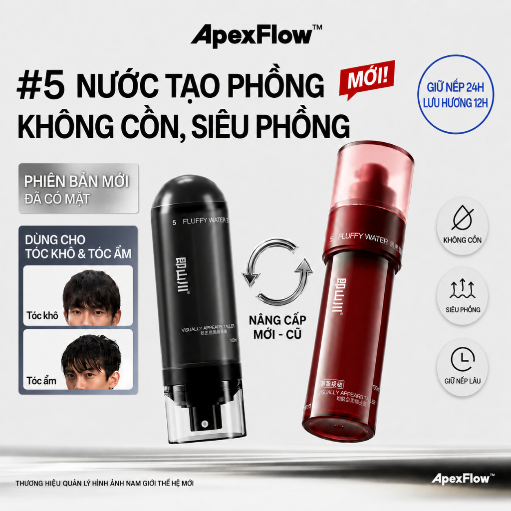 ApexFlow No.5 Xịt Phồng Tóc Nam - Giữ Nếp Lâu, Bồng Bềnh, Không Dính, Khô Nhanh, Thơm 80ml