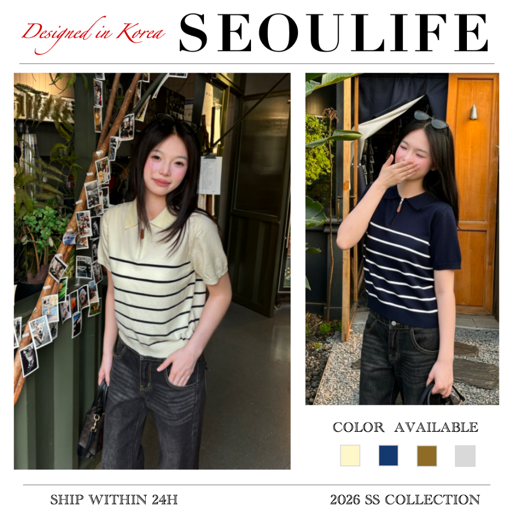 SEOULIFE | Áo Thun Len Nữ Sọc Tay Ngắn Dáng Ôm Cổ Polo Khóa Kéo Phong Cách Hàn Quốc Thanh Lịch Kẻ Sọc Dệt Kim Mùa Hè Thoáng Khí