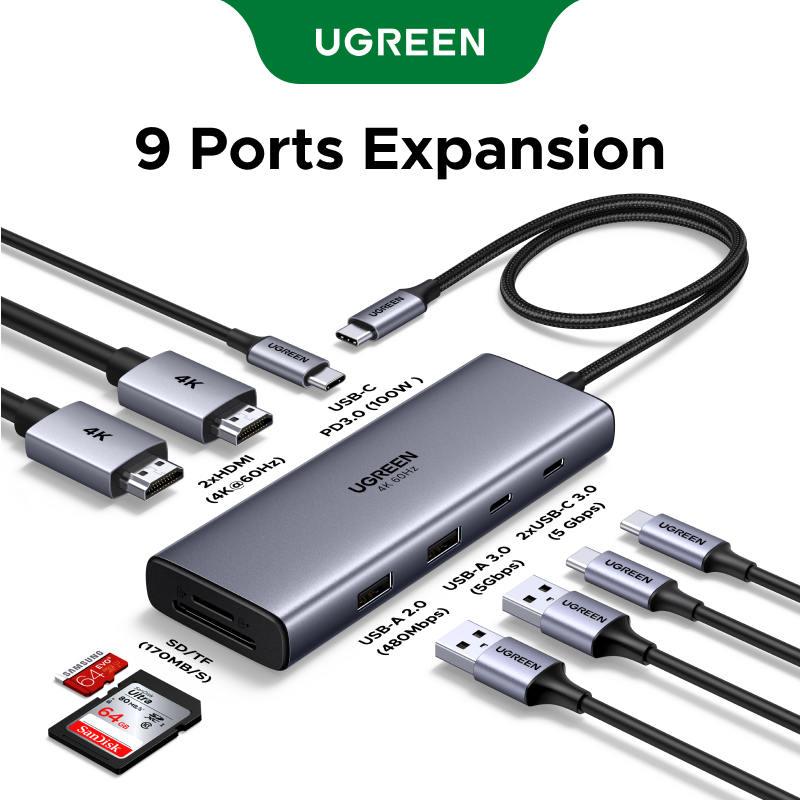 UGREEN HUB 9 trong 1 Dual 4K @ 60Hz Hiển thị Truyền dữ liệu 5Gbps Khả năng tương thích phổ biến