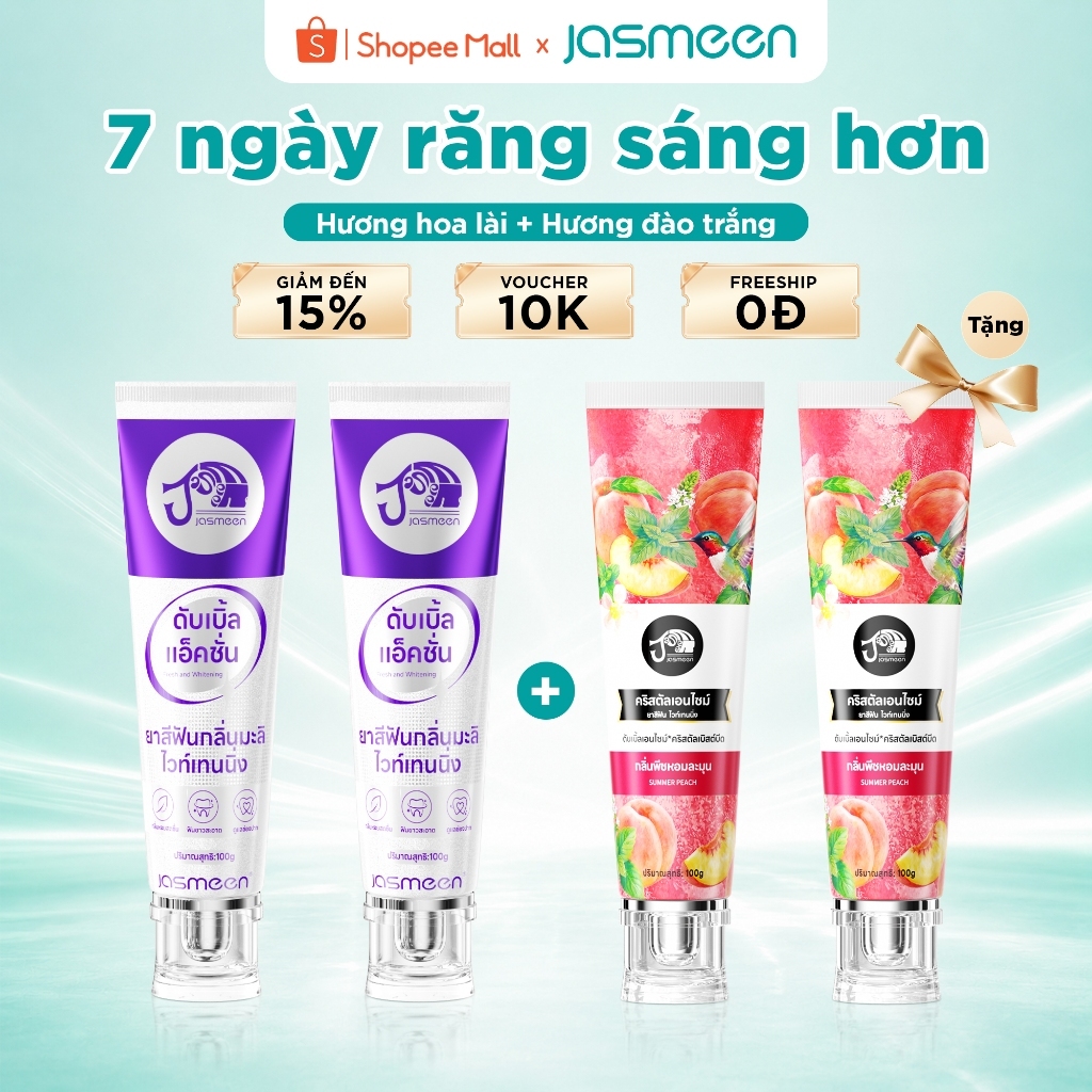 [MUA 2 TẶNG 2] Combo kem đánh răng JASMEEN Hương Hoa Nhài&Đào Trắng - Hỗ trợ làm sáng răng, Sạch mảng bám