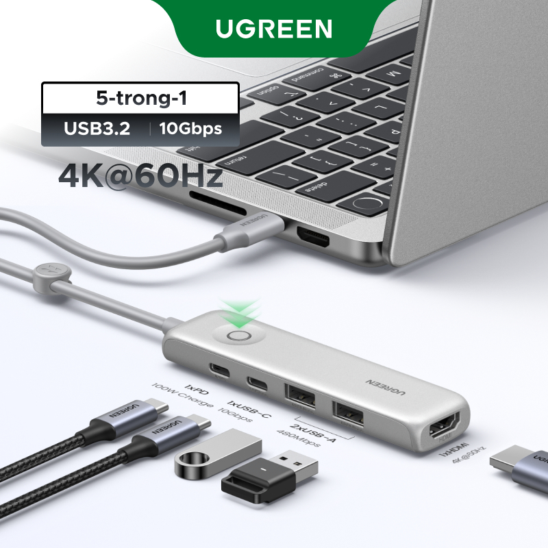 Hub 5 trong 1 UGREEN 100W PD Charge 4K @ 60Hz HDMI 10Gbps Truyền dữ liệu có nút khóa màn hình cho MacBook | BigBuy360 - bigbuy360.vn