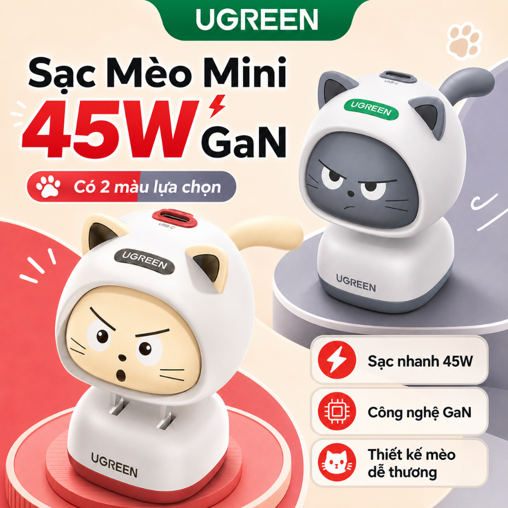 Bộ sạc nhanh UGREEN PD 45W GaN Little Cat với thiết kế khuôn mặt mèo cho iPhone 18 Pro Max iPhone 17 Pro Max