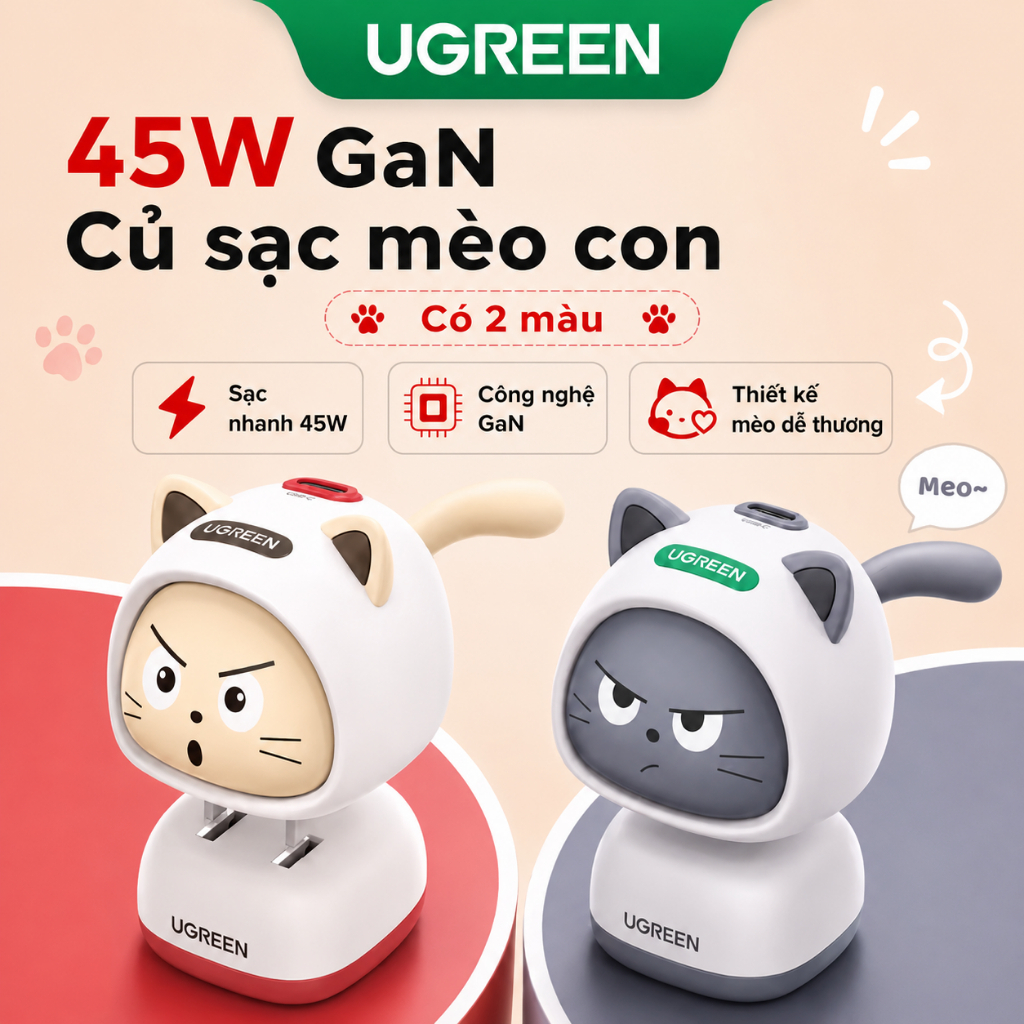 Bộ sạc nhanh UGREEN PD 45W GaN Little Cat với thiết kế khuôn mặt mèo