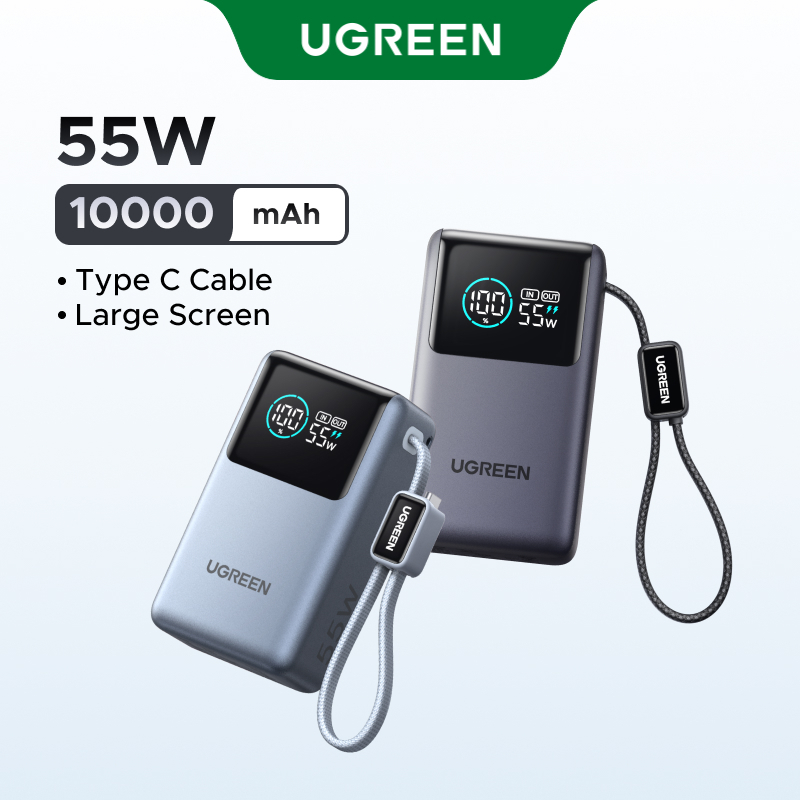 Pin sạc dự phòng UGREEN 10000mAh 55W kèm cáp USB C tích hợp 3 cổng Sạc di động du lịch máy tính xách tay, đèn LED màn hình lớn Sạc nhanh cho Xiaomi và hơn thế nữa