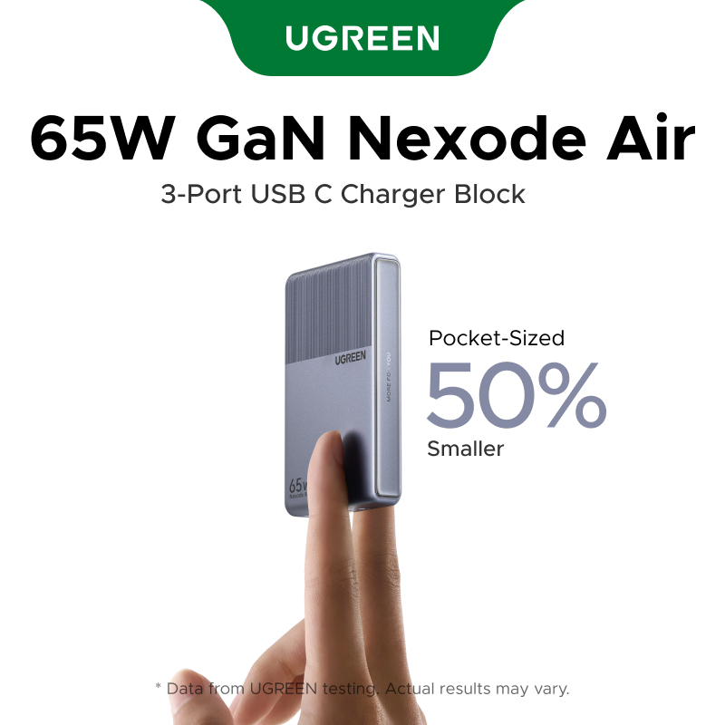 UGREEN Nexode Air 65W USB-C * 2 + USB-A * 1 Cổng GaN Sạc Nhanh Siêu Di Động Bảo Vệ Nhiệt Sạc An Toàn cho iPhone 18 Pro Max iPhone 17 15 13 Pro Max
