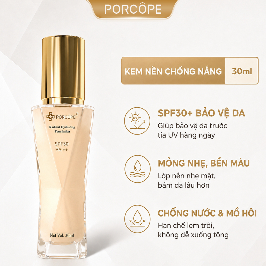 【PORCOPE】Kem nền chống nắng SPF30+ chống nước lâu trôi Tự Nhiên 30ml