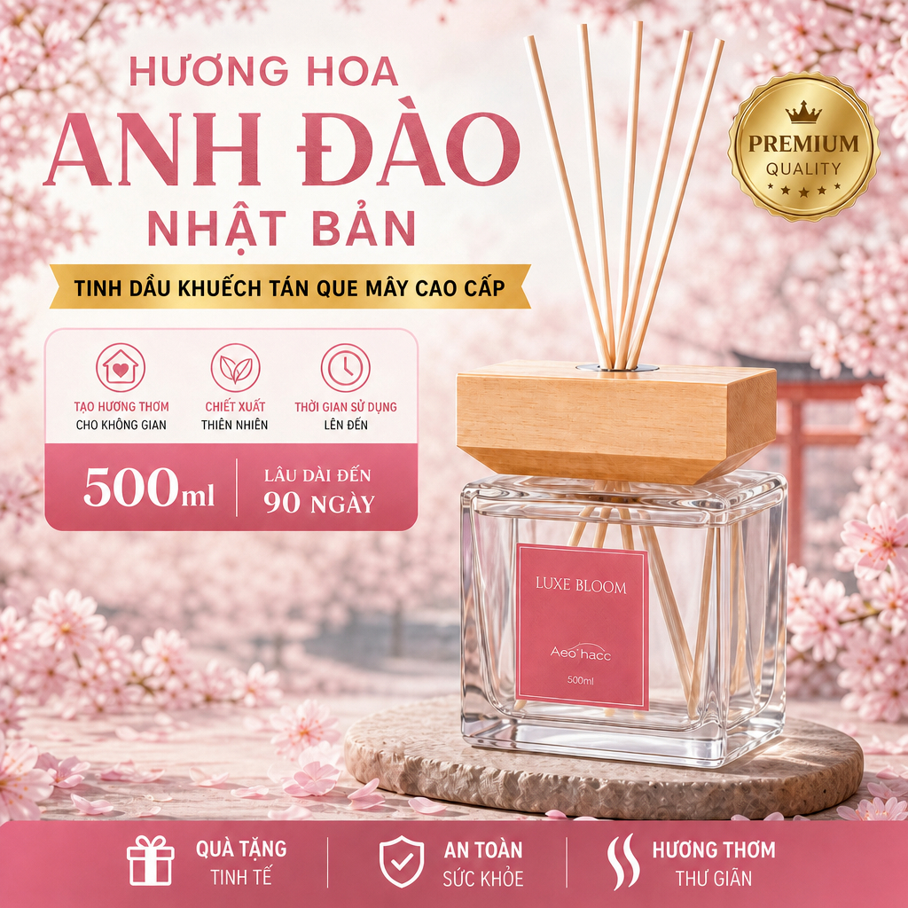 【Hương Hoa Anh Đào Nhật Bản】Tinh dầu khuếch tán que mây cao cấp 500ml Thời gian sử dụng lên đến
