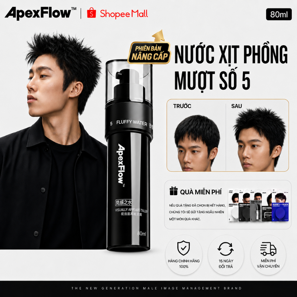 ApexFlow Số 5 Xịt Phồng Nam - Giữ Nếp Lâu, Bồng Bềnh, Không Dính, Khô Nhanh, Thơm 80ml