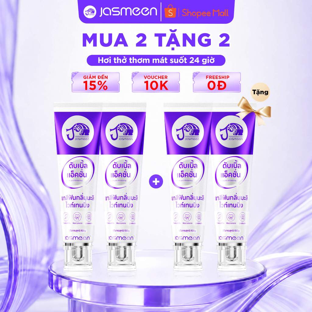 [100% chính] Bộ 4 Kem Đánh Răng JASMEEN trắng răng Purple 100g/tuýp công nghệ sắc tím, trung hòa ố vàng tức thì