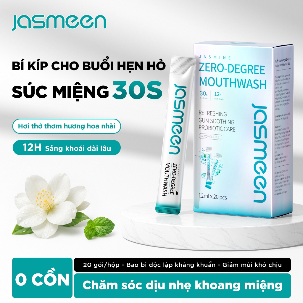 Nước súc miệng 20 que, Hương nhài và bạc hà, Không chứa cồn, Không cay, Nước làm mát miệng 12 giờ, Kháng khuẩn, Bảo vệ nướu-jasmeen
