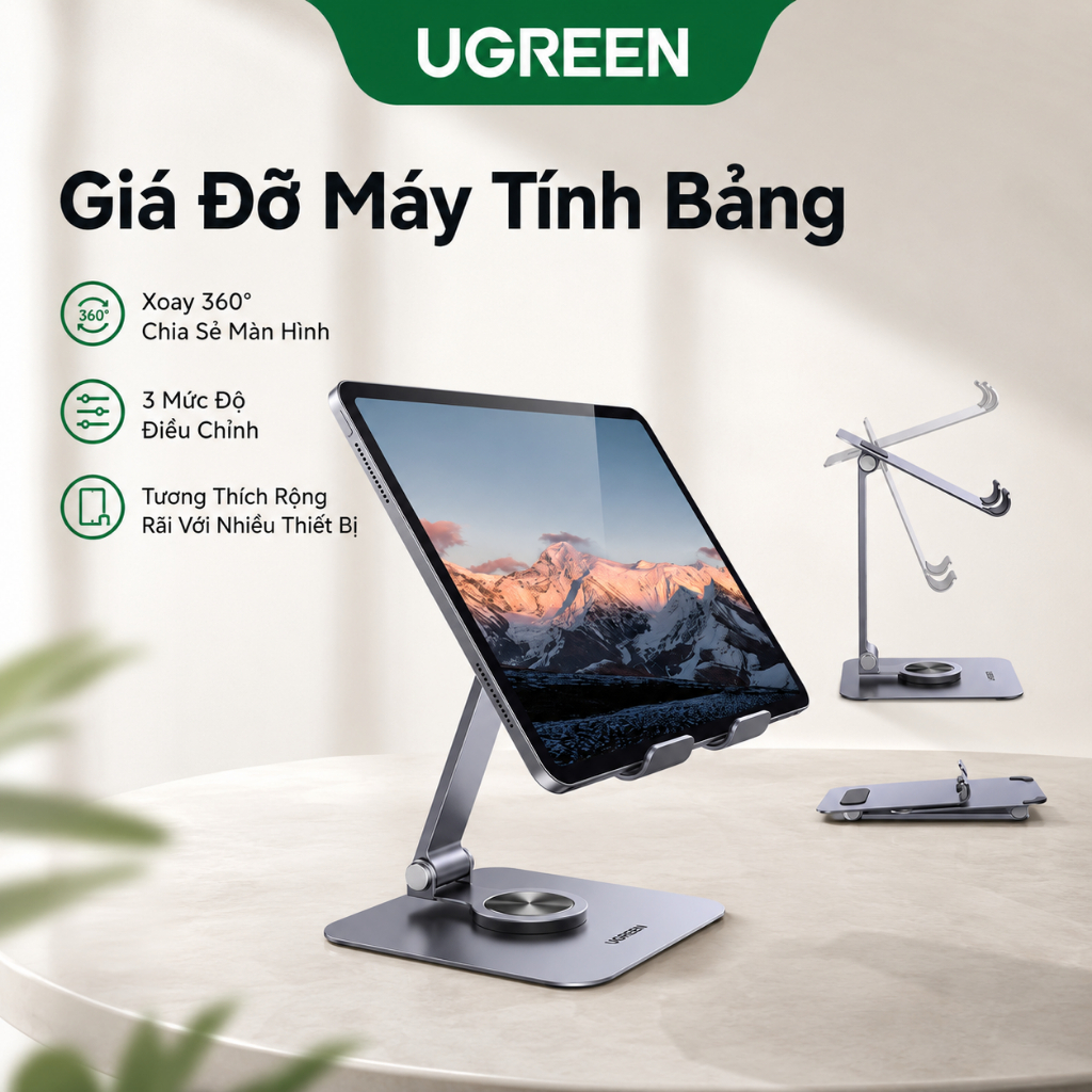 Giá đỡ điện thoại bằng nhôm UGREEN Góc điều chỉnh 360° Bảo vệ silicon có thể gập lại cho iPad Pro, iPad Air, iPhone 16 17 Pro Max, Samsung S26 S25