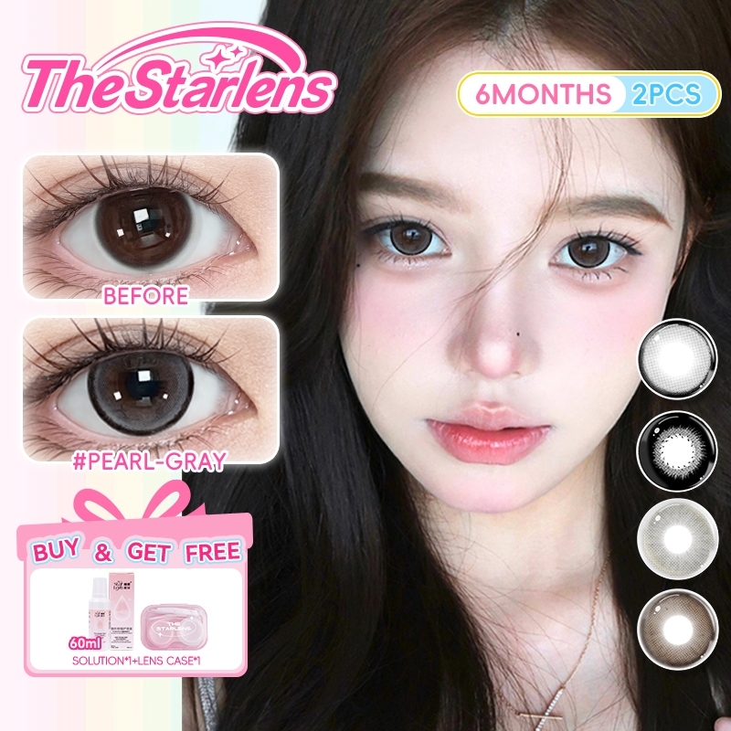 Kính áp tròng Starlens, 2 chiếc 6 tháng, màu xám/nâu lens, Pearl-gray,Toffee-brown,Crispy Persimmons,Water Brown,lens cận thị mềm mại tự nhiên, mắt to, DIA14.5mm có độ (0-8)