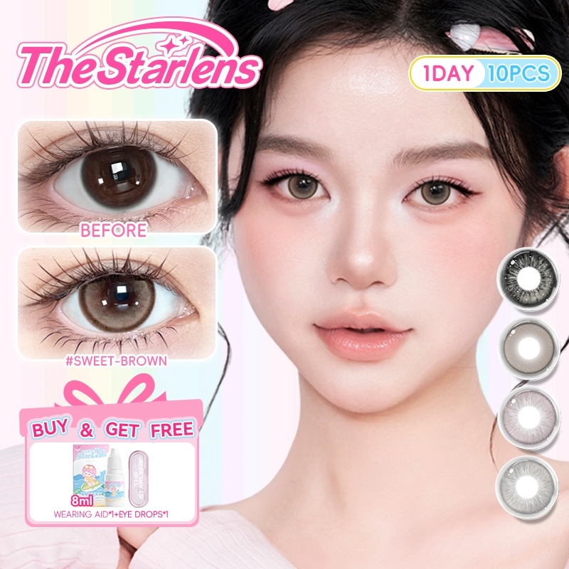 Kính áp tròng Starlens lens 1 ngày 10 chiếc tròng kính mềm màu nâu/xám dùng để trang điểm tròng kính nhiều màu có độ (0-8)