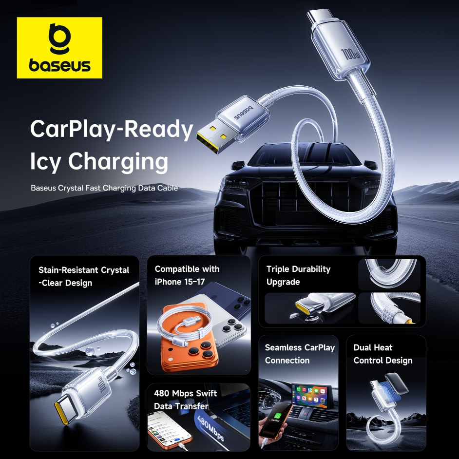 Cáp sạc nhanh Baseus Crystal USB-A sang USB-C Bộ sạc xe hơi 100W Thiết kế trong suốt tương thích Cáp dữ liệu bện bền 1m 2m Sạc tốc độ cao