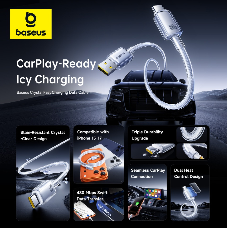 Cáp sạc nhanh Baseus Crystal USB-A sang USB-C Bộ sạc xe hơi 100W Thiết kế trong suốt tương thích Cáp dữ liệu bện bền 1m 2m Sạc tốc độ cao