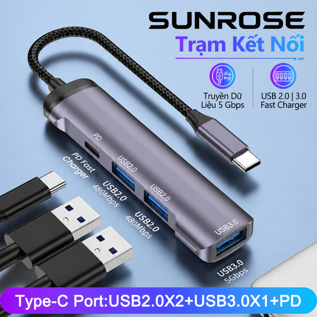 SUNROSE 4-In-1 Hub chuyển đổi 480Mbps USB2.0X2+5Gbps USB3.0X1+PD Fast Charger USB Hub Docking station Type-C Adapter USB C Hub