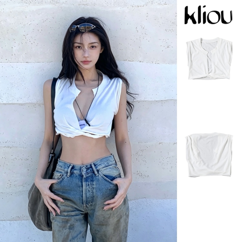 Kliou Thời Trang Chia Crop Tops Coolness Off Tay Skinny Nữ Mùa Hè Niche Hot Chick Style