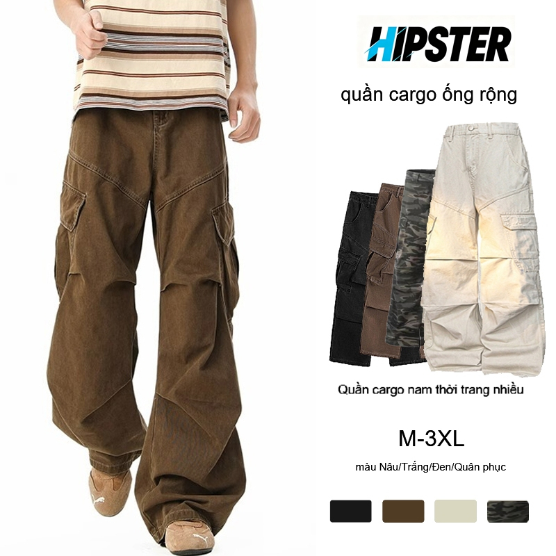 HIPSTER  Quần Cargo Nam Wash Kaki Mềm Bền Dáng Baggy Ống Rộng Dài Xếp Ly Túi Lớn 3D Hai Bên 3 Màu Nâu Đen Be Phong Cách Mỹ Retro Năng Động Unisex Nam Nữ 4 Mùa