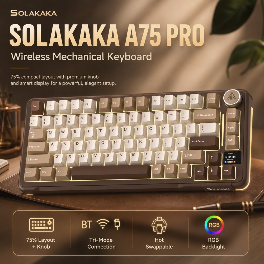 Bàn phím cơ SOLAKAKA A75PRO Màn hình LCD Bàn phím không dây xoay nóng ba chế độ RGB để chơi game & văn phòng