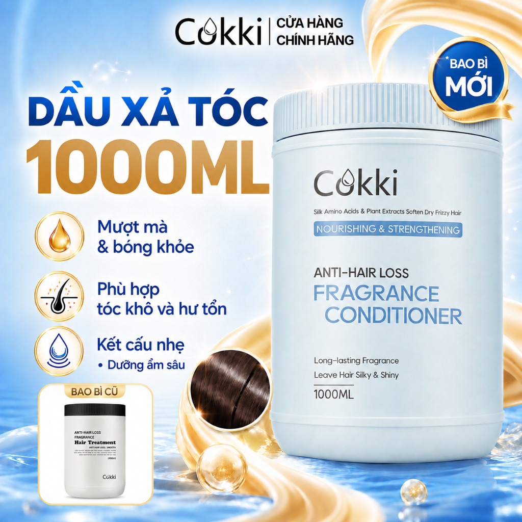 Cokki Dầu Xả Phục Hồi Tóc Hư Tổn 1000ml - Chiết Xuất Dừa & Keratin - Giảm Gãy Rụng, Chống Rối - Mềm Mượt Tức Thì, Vào Nếp Dễ Dàng - Không Bết Dính, Không Gây Kích Ứng Da Đầu - An Toàn Cho Mọi Loại Tóc - Hương Thơm Lưu Lâu - Chai Lớn Tiết Kiệm