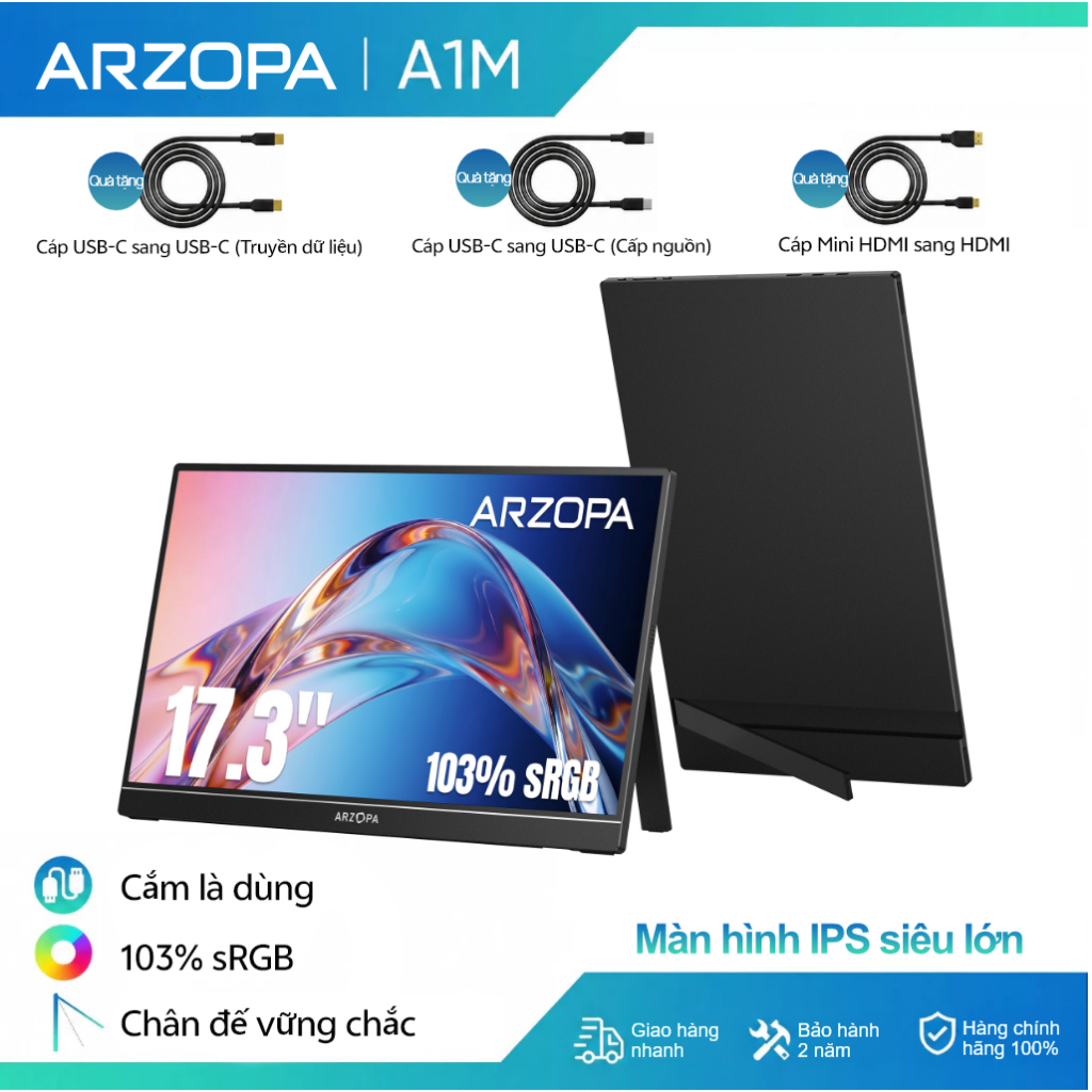 Màn hình di động ARZOPA, Màn hình máy tính xách tay 17.3 '' A1M 1080P FHD HDR IPS Màn hình trò chơi HDMI USB C, bên ngoài chăm sóc mắt với loa kép cho Xbox PS4 Switch Điện thoại PC