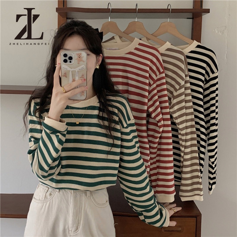 ZHELIHANGFEI Áo Len Tay Dài Form Rộng Họa Tiết Sọc Dễ Phối Đồ