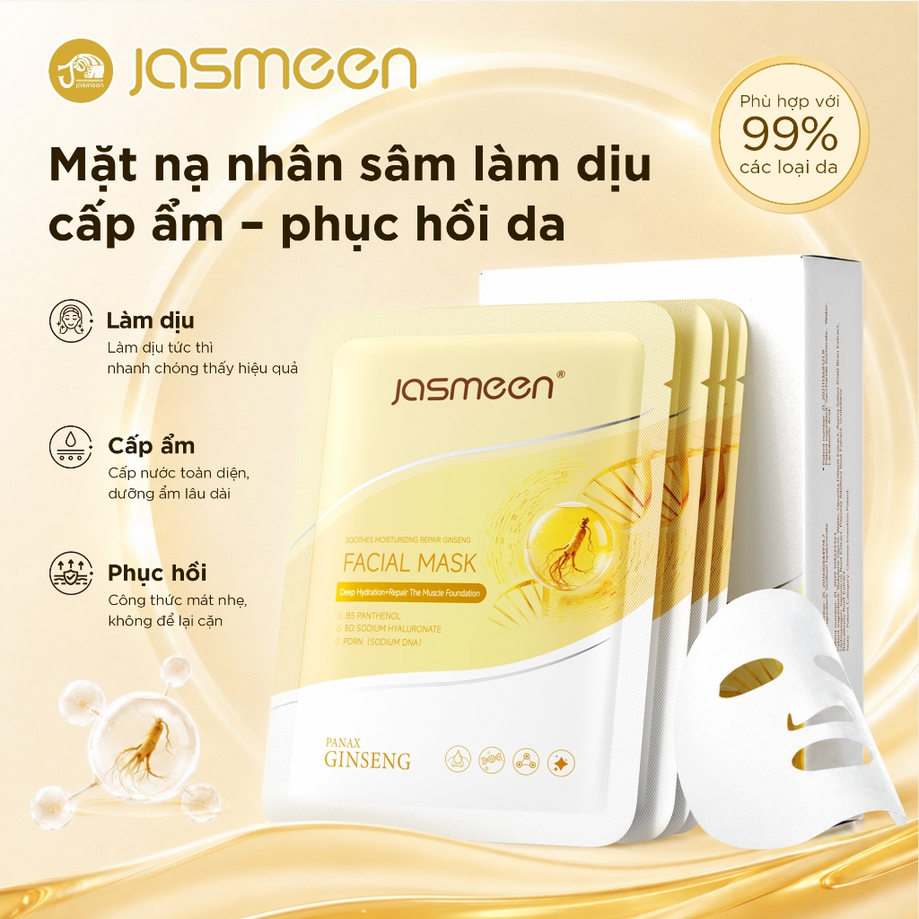 Mặt Nạ Cấp Ẩm & Làm Dịu Da JASMEEN – PDRN, B5, HA, Mặt Nạ Lụa, 6 Thảo Mộc – Giảm Đỏ, Phục Hồi Da – 1 Hộp 10 Miếng