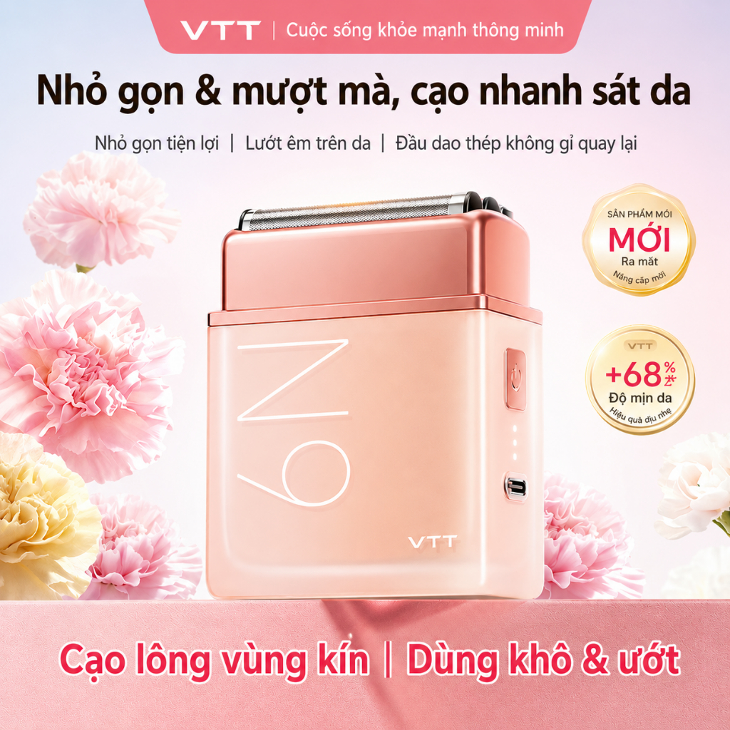 Dụng cụ tẩy lông bằng điện dành cho nữ VTT, sử dụng ướt & khô, Máy cạo lông Mini dành cho nữ, Nhẹ nhàng trên da, không gây kích ứng, chống thấm nước IPX7, dành cho cánh tay, chân và khu vực Bikini