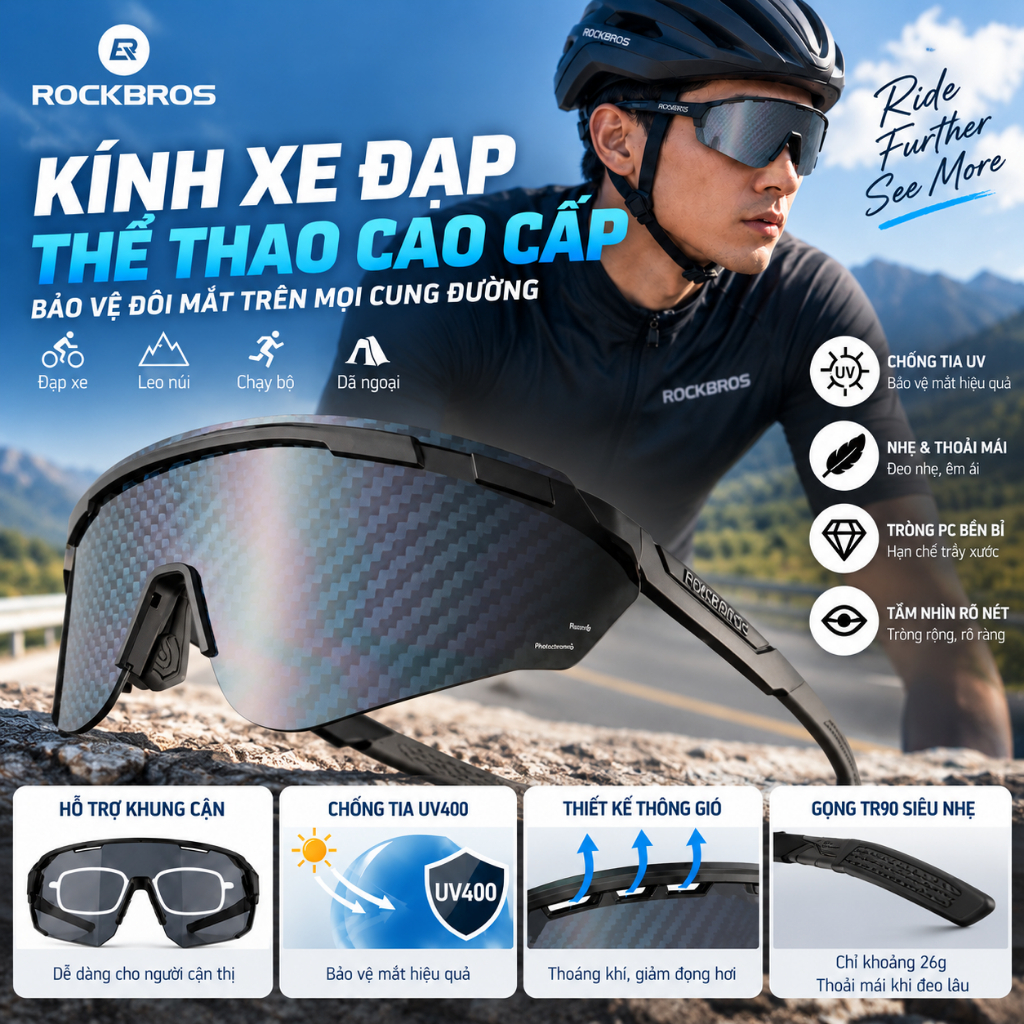 【Giao hàng 3 ngày】 ROCKBROS SP414 UV400 REVO Đổi Màu Khung Cận Thị Gọng TR90 Nhẹ 30g Kính Xe Đạp