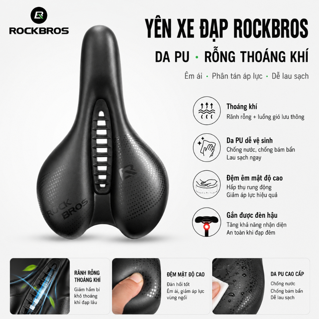 【Giao hàng 3 ngày】ROCKBROS Yên Xe Đạp Thể Thao Đệm Mút Mật Độ Cao Rỗng Thoáng Khí Da PU Chống Nước Cho MTB Đường Trường