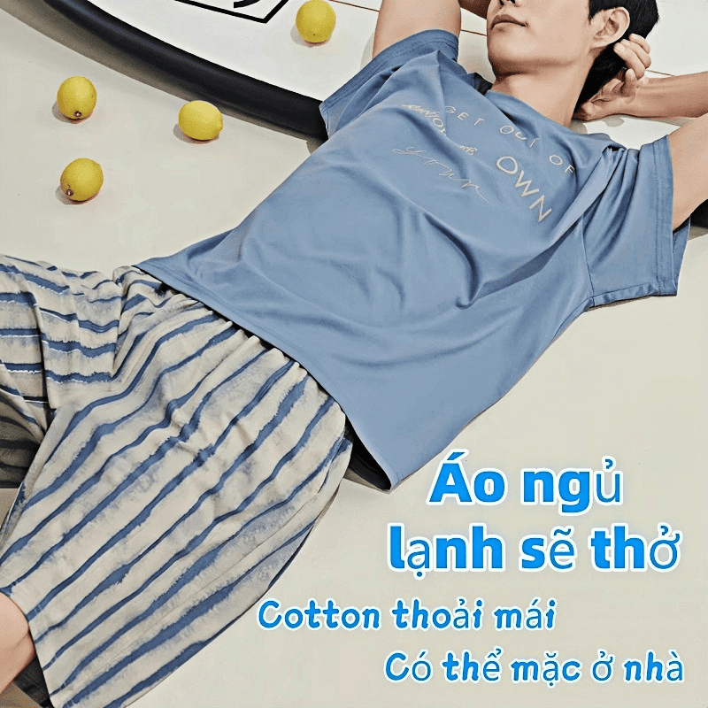Cảm Giác Thoáng Mát Bộ Đồ Ngủ Cotton Nguyên Chất Nam Mùa Hè Ngắn Tay Quần Short Cổ Tròn Chui Đầu Hai