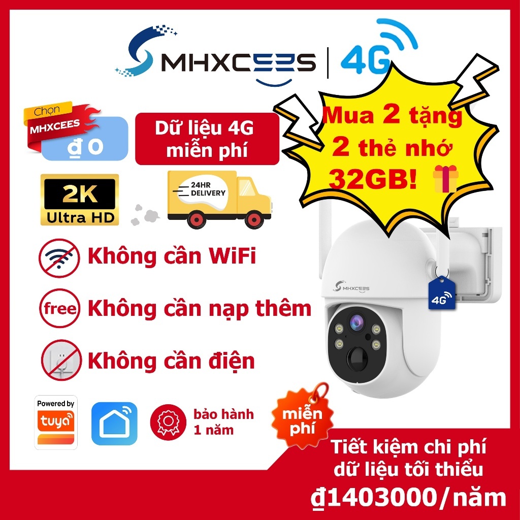 MHXCEES Camera giám sát 4G năng lượng mặt trời, độ phân giải 2K siêu nét, góc nhìn toàn cảnh 360°, camera ngoài trời chống nước, chống trộm, hỗ trợ ứng dụng Tuya App