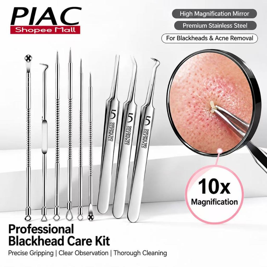 Bộ Dụng Cụ Nặn Mụn 8 Món PIAC Bộ Dụng Cụ Lấy Mụn Đầu Đen Bằng Thép Không Gỉ Kèm Hộp Đựng Tiện Lợi