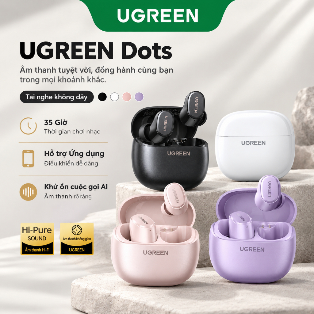 Tai nghe UGREEN Dots Bluetooth 6.0TWS Hỗ trợ 2 Mic Bộ mã âm AAC / SBC Âm thanh âm thanh Hi-Pure Âm thanh không gian Âm có độ trễ thấp Điều khiển ứng dụng Tai nghe không dây