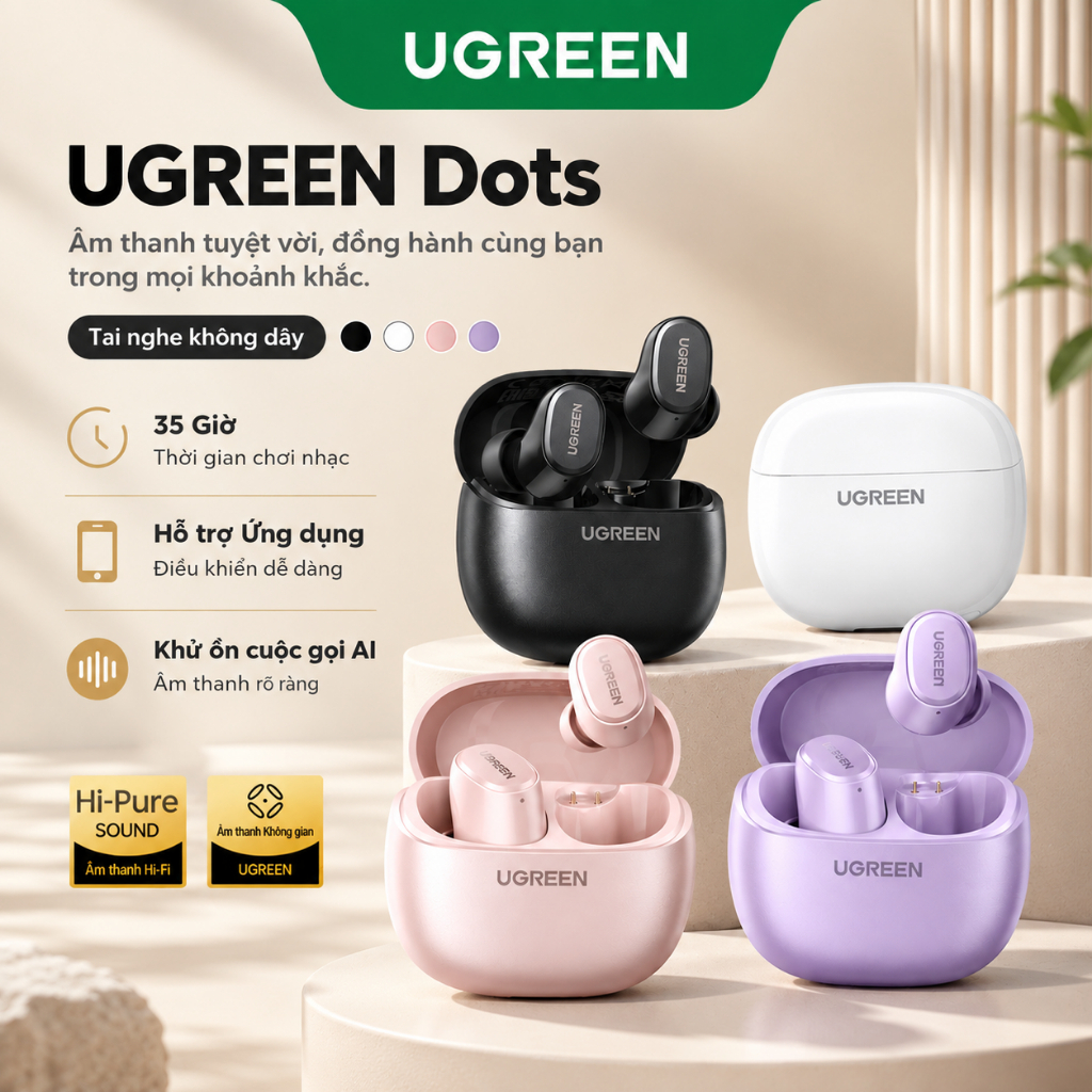Tai nghe UGREEN Dots Bluetooth 6.0TWS Hỗ trợ 2 Mic Bộ mã âm AAC / SBC Âm âm thanh Hi-Pure Âm thanh không gian Âm thanh có độ trễ thấp Điều khiển ứng dụng Tai nghe không dây