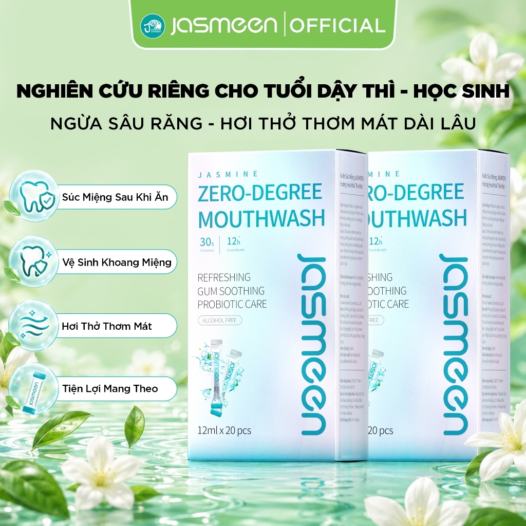 Nước Súc Miệng Trẻ Em JASMEEN – Không Cồn, Dịu Nhẹ, Hương Hoa Nhài, Ngừa Sâu Răng, Bảo Vệ Răng Sữa, Gói Nhỏ Mang Theo – 20 Gói/Hộp