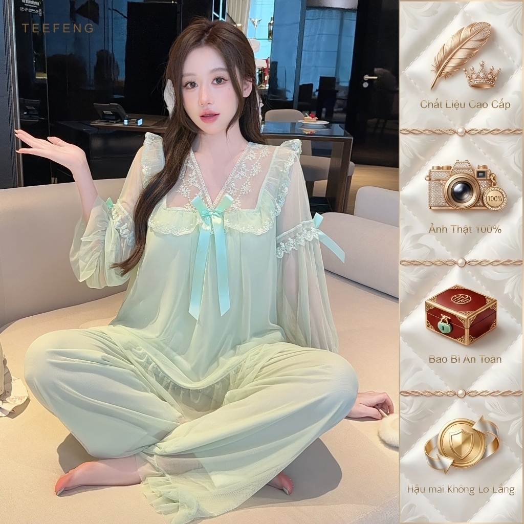 TEEFENG Đồ Ngủ Nữ Vải Lưới Mềm Phong Cách Sang Trọng Tay Dài Miếng Lót Ngực Mùa Thu Mặc Nhà