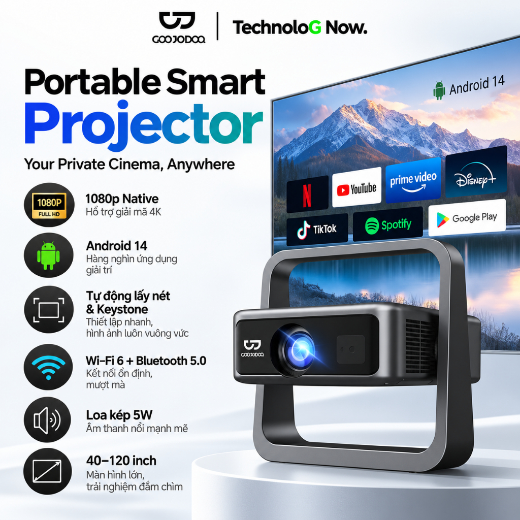 GOOJODOQ Máy chiếu thông minh AC1098 400ANSI 1080P, Hỗ trợ 4K, Android 14, Wi-Fi 6, Bluetooth 5.0, Chiếu NFC lấy nét tự động