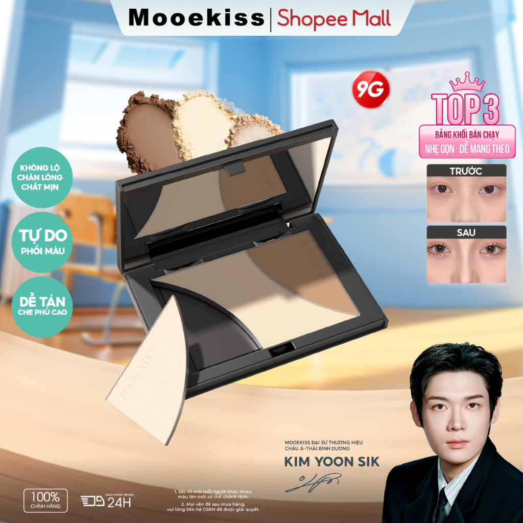 Bảng Tạo Khối Mooekiss 3 Màu 9g, Contour & Highlight, Dễ Tán, Tự Nhiên, Lâu Trôi