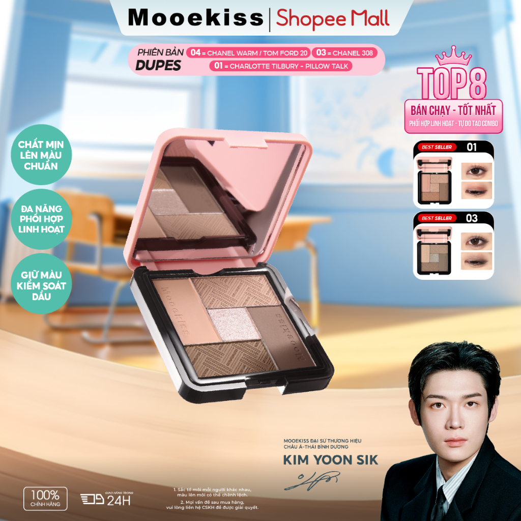 Bảng Phấn Mắt Mooekiss 5 Màu Tone Đất 8.5g, Lì Mịn, Dễ Tán, Nhỏ Gọn, Makeup Hàng NgàyNhũ Lấp LánhLì MịnSắc Tố CaoBão Hòa ThấpKhông LemNgười Mới Bắt Đầu