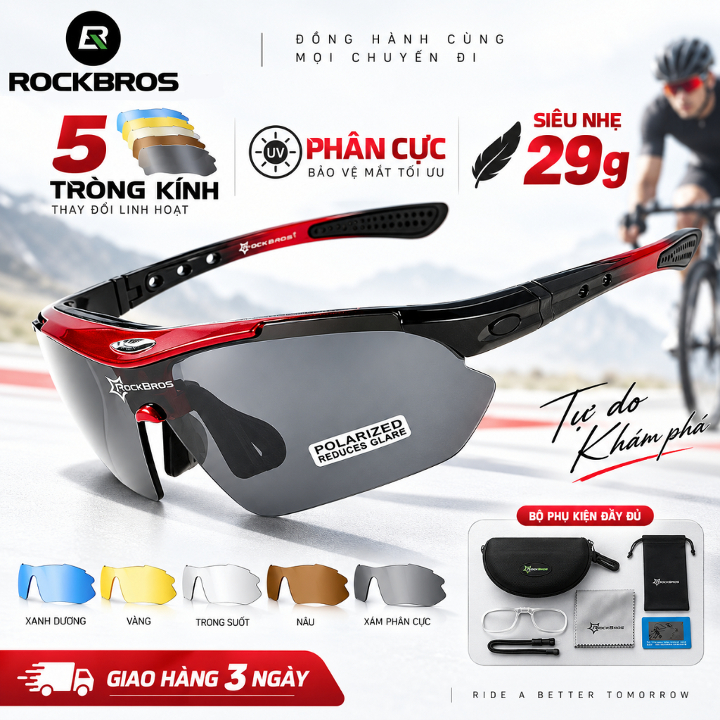 【Giao hàng 3 ngày】ROCKBROS Kính Râm Đi Xe Đạp Phân Cực 29g Kèm 5 Tròng Kính Chống Gió Chống Bụi Siêu Nhẹ Cho Nam Nữ Road MTB Thể Thao