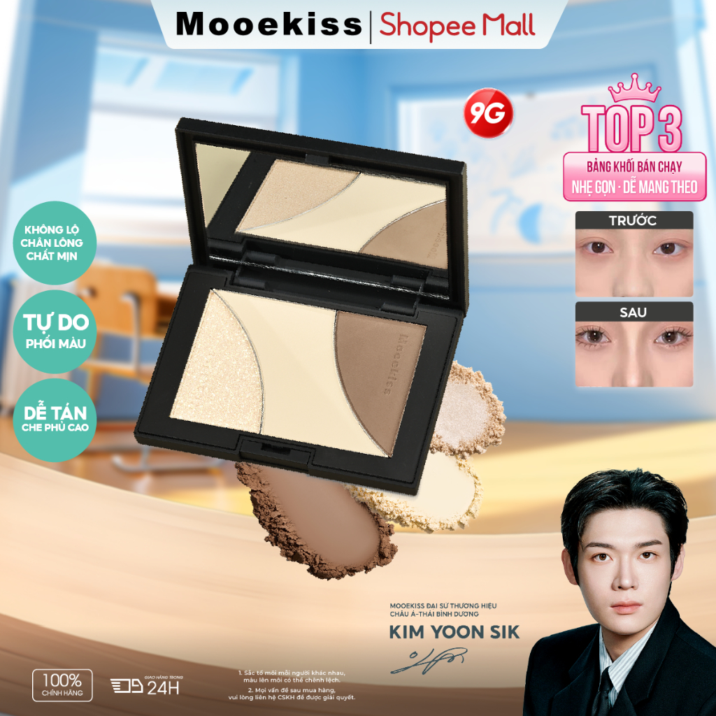 [LIVE] Bảng Tạo Khối Mooekiss 3 Màu 9g, Contour & Highlight, Tạo Gương Mặt Sắc Nét