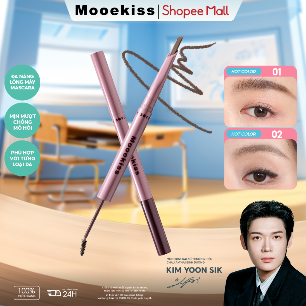 Chì Kẻ Mày Mooekiss 2 Đầu, Chống Nước Mồ Hôi, Không Lem, Định Hình Tự Nhiên, Lâu TrôiChống NướcTự NhiênTạo SợiChống Mồ HôiNgười Mới Bắt Đầu