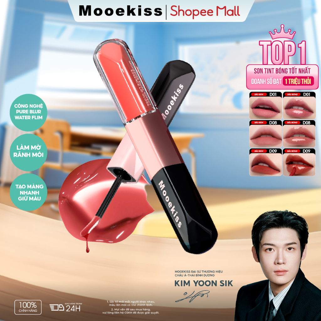 Son Mooekiss 2 Đầu Lì & Bóng, Dưỡng Ẩm 8H, Lâu Trôi, Không Lem, Mịn Nhẹ 6ml