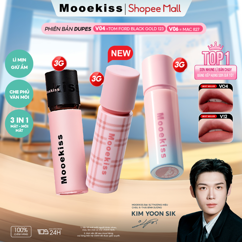 Son Mooekiss Velvet Matte 3g, Lì Mịn, Lâu Trôi, Tôn Da, Làm Đều Màu Môi 3g