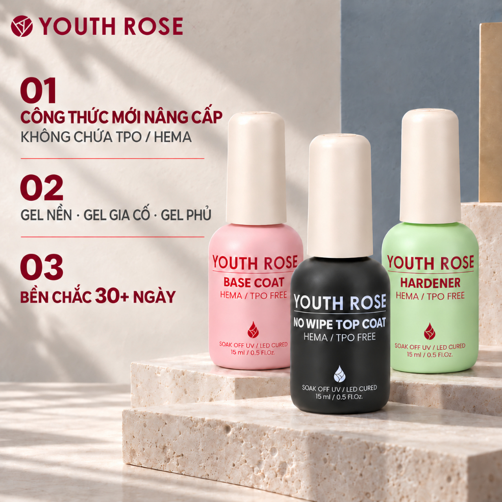 YouthRose Gel Chức Năng 15ml Không Chứa TPO và HEMA, Base Gel Liên Kết, Cứng Móng, Top Coat Phủ Bóng UV LED Làm Nail
