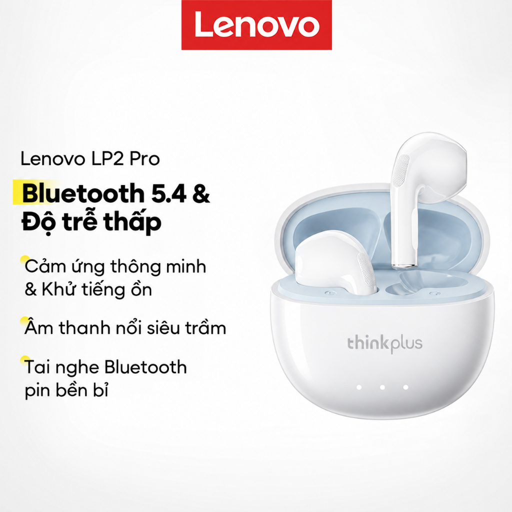 Tai nghe Bluetooth Lenovo LP2 PRO Âm thanh HD Cảm ứng thông minh Giảm tiếng ồn Bluetooth 5.4 với âm thanh nổi âm trầm sâu cộng với chế độ trễ thấp