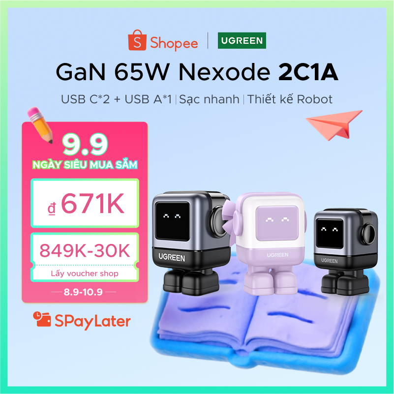 UGREEN Củ sạc nhanh Nexode Robot UGREEN Uno 30W 65W Cho iPhone 16 Pro max | Công nghệ GaN Củ Sạc sb c mini Công nghệ PD3.0/QC4.0/PPS Cho iphone 15/14 / 14 pro max / macbook air / ipad pro / ipad mini