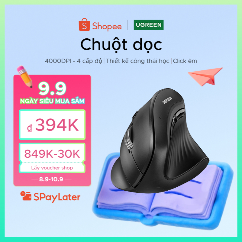 UGREEN Chuột không dây Bluetooth 5.0+2.4G Chuột bấm im lặng không dây 4000DPI dọc tiện dụng cho máy tính xách tay laptop MCBook PC Tablet PAD Windows Mac OS
