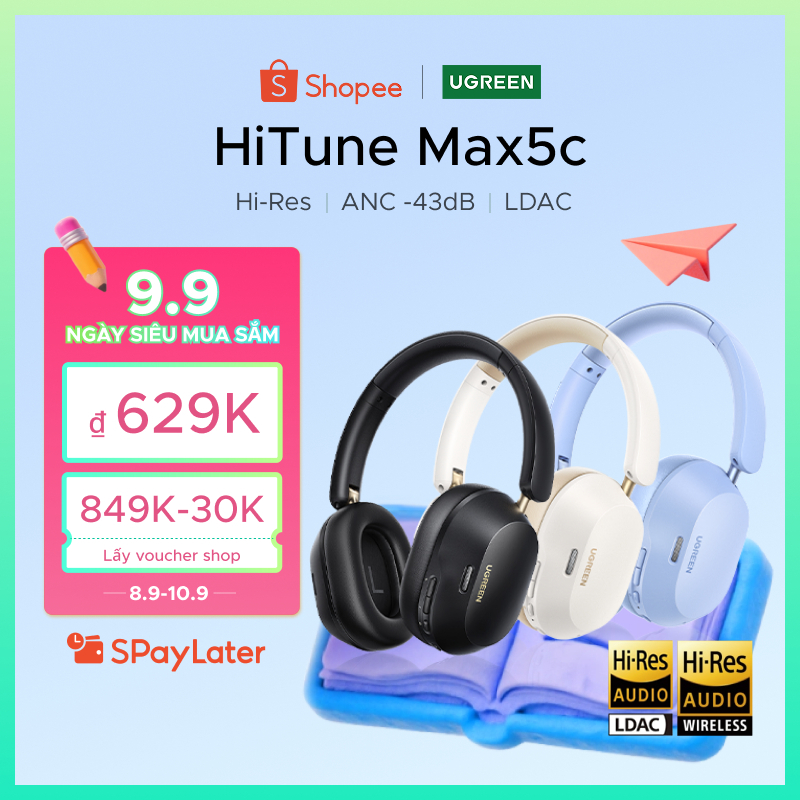 Tai nghe Bluetooth chụp tai UGREEN HiTune Max5c ANC chống ồn chủ động, Hi-Res, Bluetooth 5.4, pin 75h